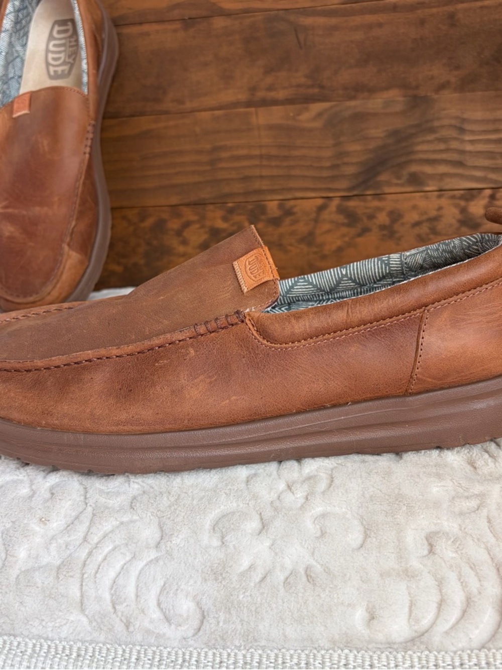 Hey Dude Wally Grip Moc Craft Leather Shoes Men Sz 15 Brown Slip On Comfort EUC - Picture 13 of 16